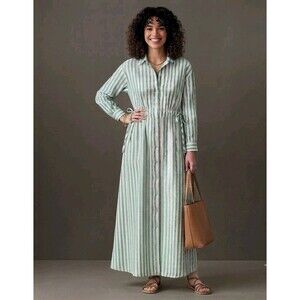 Universal Thread L Green White Striped Button Down Shirt Dress Coastal Preppy
